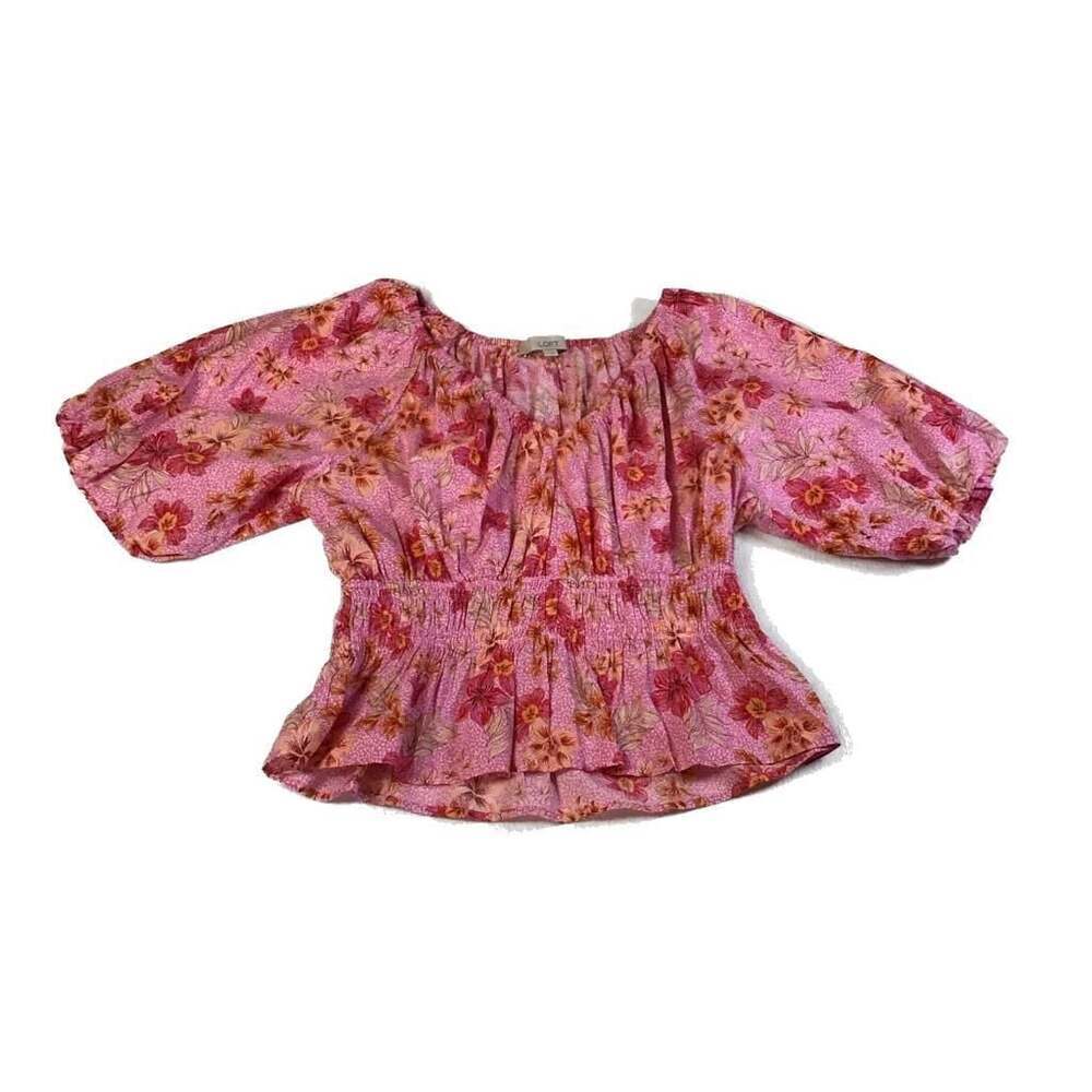 LOFT Lily Gathered Waist Floral Puff Sleeve Blouse large boho Flirty - Picture 7 of 12